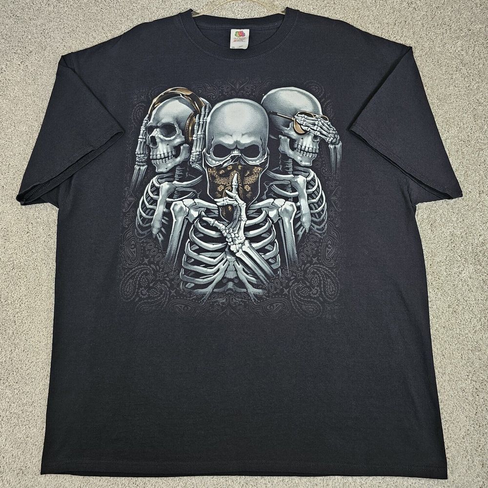 See No Evil Hear No Evil Speak No Evil Tee‎ Mens 2XL Black Skeleton Streetwear